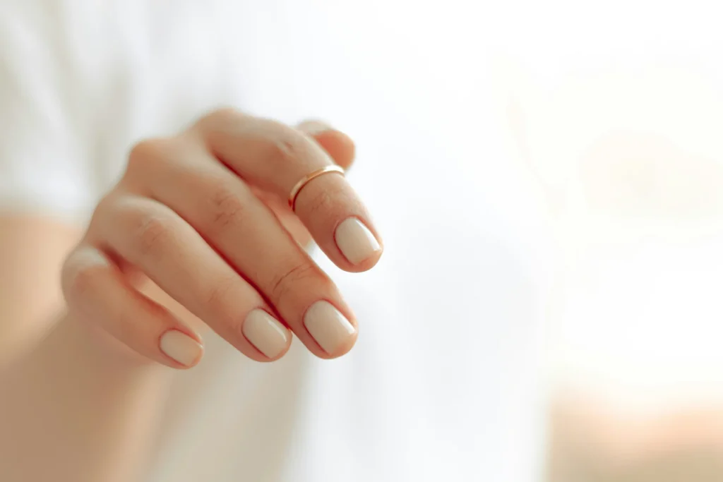 Zbliżenie na dłoń kobiety z eleganckim, białym manicurem, prezentującym zadbane paznokcie.
